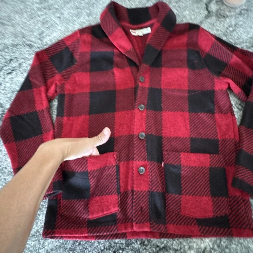 Levi's Buffalo Plaid Cardigan Mens L Red Black Excellent Shawl Collar Knit #927